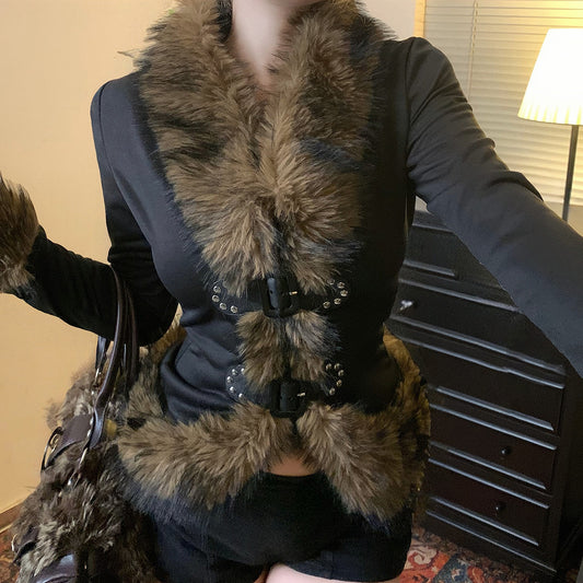 Retro Fur Spliced Leather Buckle Cardigan