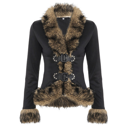 Retro Fur Spliced Leather Buckle Cardigan