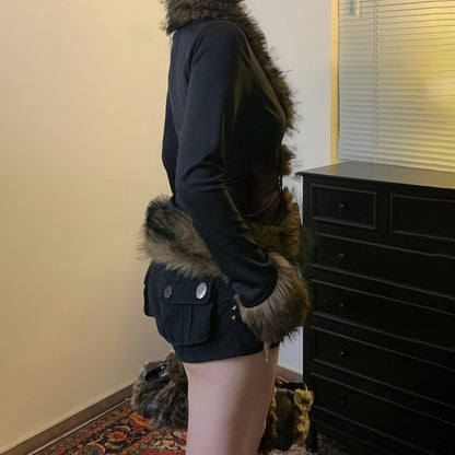 Retro Fur Spliced Leather Buckle Cardigan