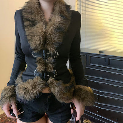 Retro Fur Spliced Leather Buckle Cardigan