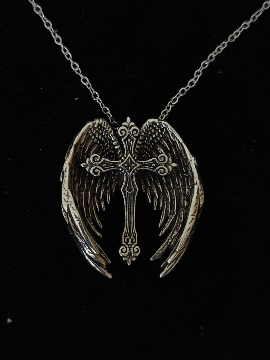 Gothic Angel Cross Necklace Vintage Distressed Pendant
