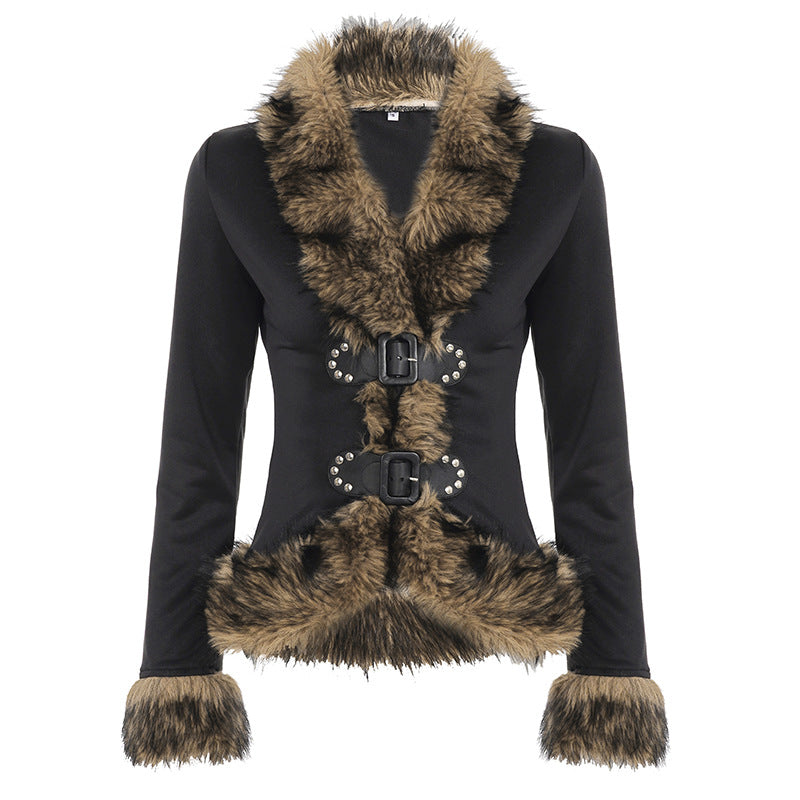 Retro Fur Spliced Leather Buckle Cardigan