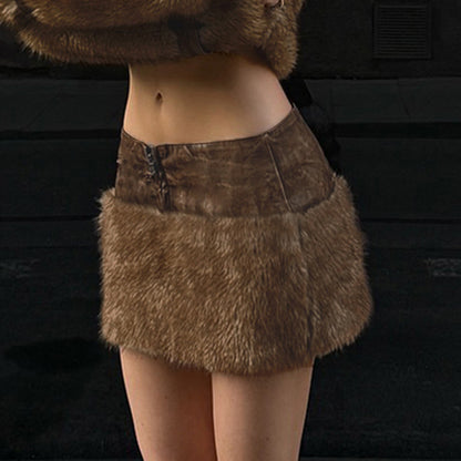 Retro Fur Spliced Leather Buckle Cardigan