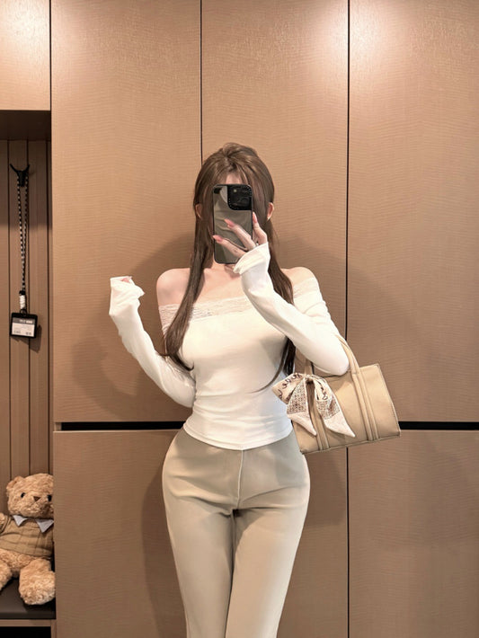 Womens Floral One-Shoulder Lace T-Shirt