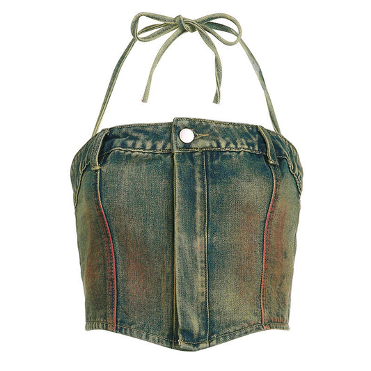 Old zipper tube top Denim vest